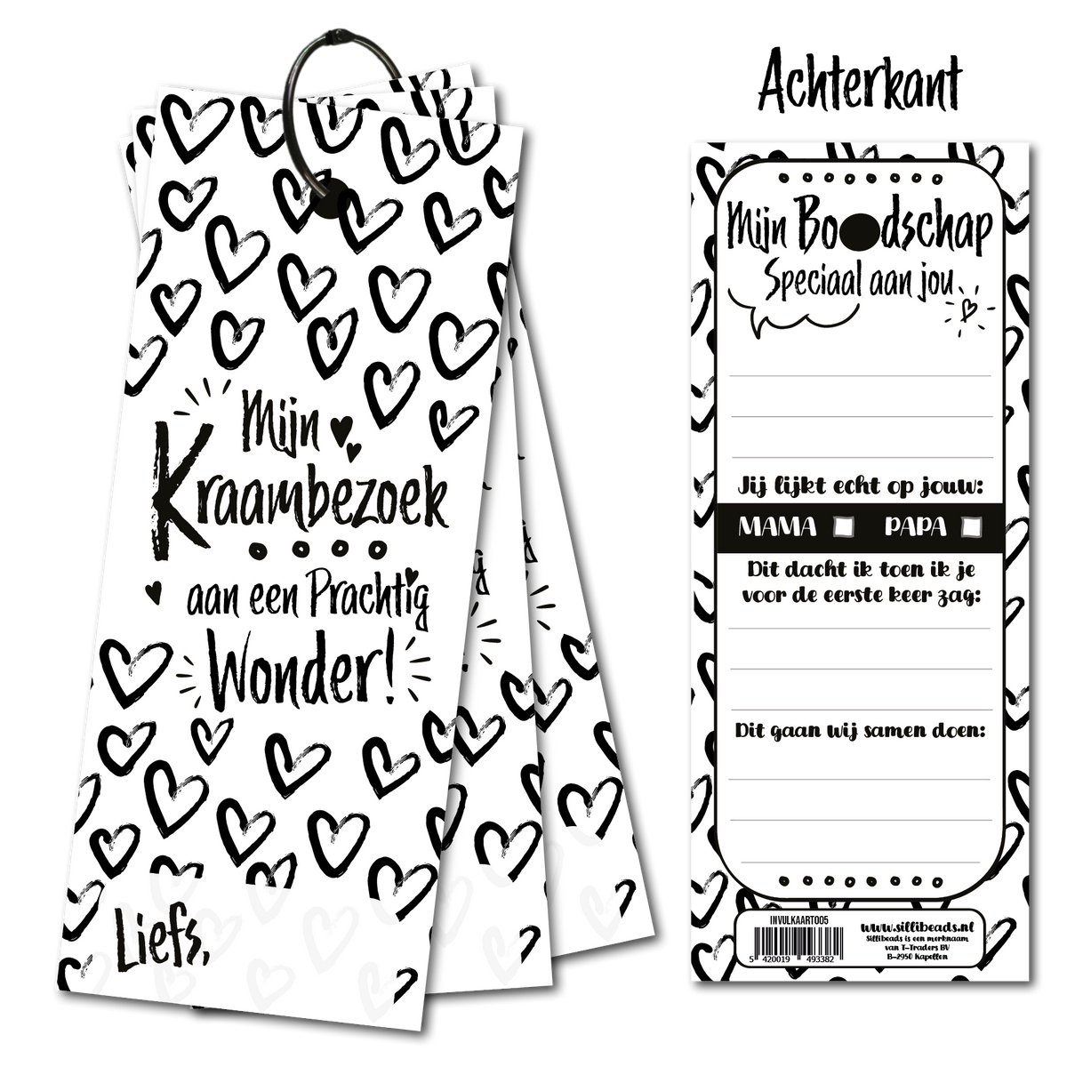 Invulkaart Mijn kraambezoek aan een Prachtig wonder - Invulkaarten set van 15 stuks - met sluitring - invulkaartjes om af te geven - Zwart Wit