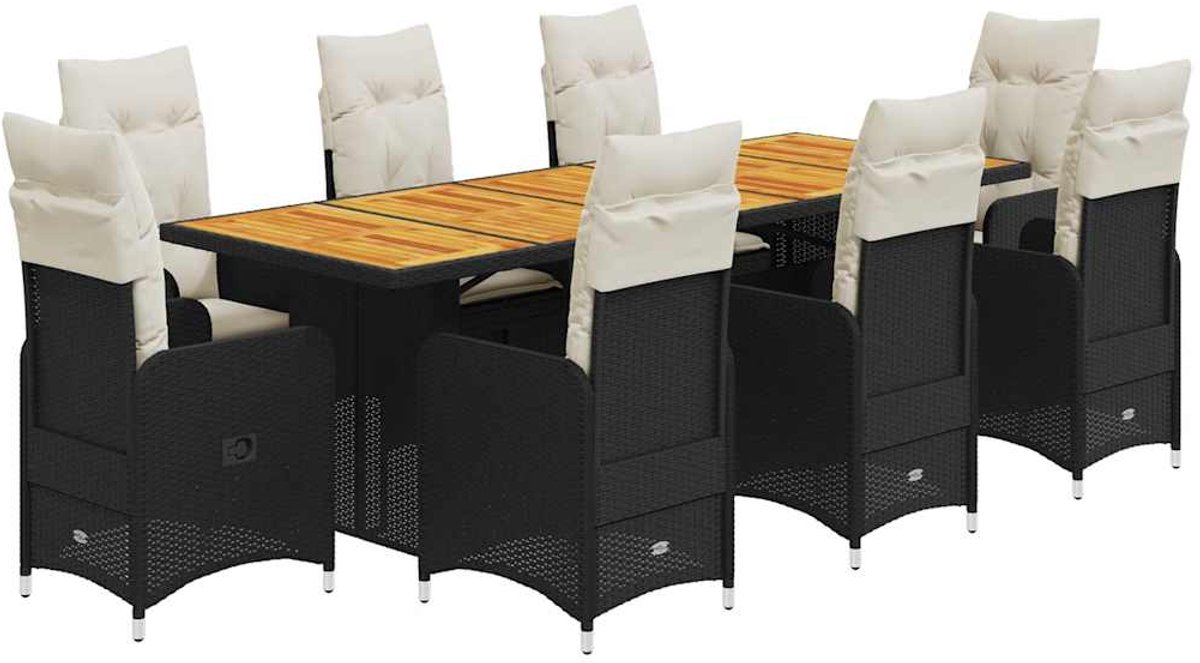 The Living Store 9-delige Bistroset met kussens poly rattan zwart - Tuinstoelen - Bistroset - Lounge Set - Buitendecoratie - Poly Rattan