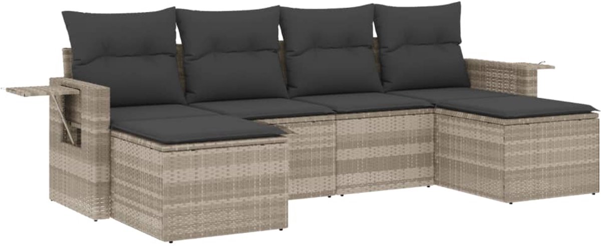 The Living Store 6-delige Loungeset met kussens poly rattan lichtgrijs - Loungebank - Tuinset - Lounge Set - Outdoor Furniture - Ratten Meubel