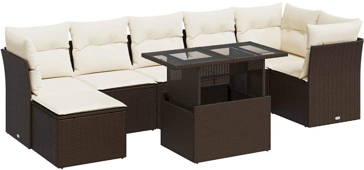 The Living Store 8-delige Loungeset met kussens poly rattan bruin - Loungebank - Lounge Set - Buitendecoratie - Tuinmeubilair - Tuinlounge