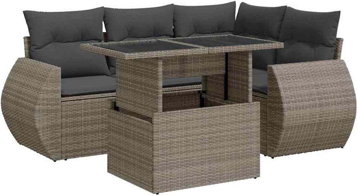 The Living Store 5-delige Loungeset met kussens poly rattan grijs - Loungebank - Lounge Set - Buitendecor - Tuinmeubel - Terrassenbank