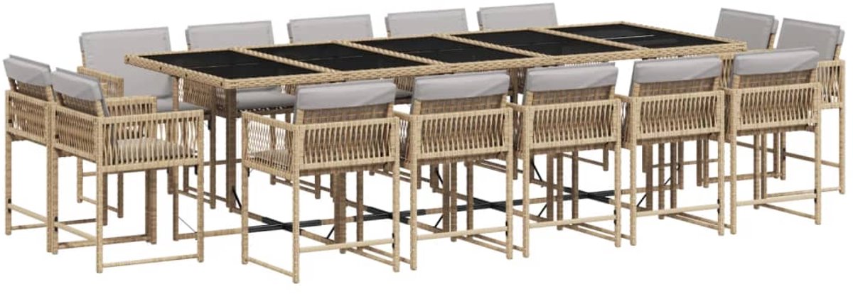 The Living Store 15-delige Tuinset met kussens poly rattan gemengd beige - Tuinmeubel - Buitentijd - Lounge Set - Eetkamerset - Patio Furniture
