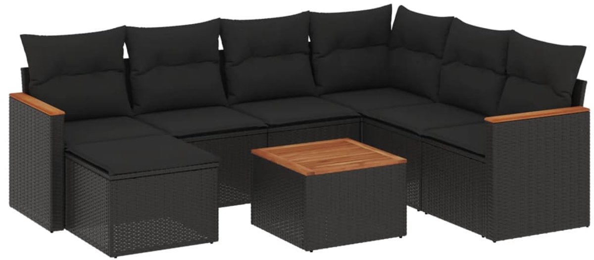 The Living Store 8-delige Loungeset met kussens poly rattan zwart - Loungeset - Tuinmeubels - Lounge Set - Buitentijm - Outdoor Furniture