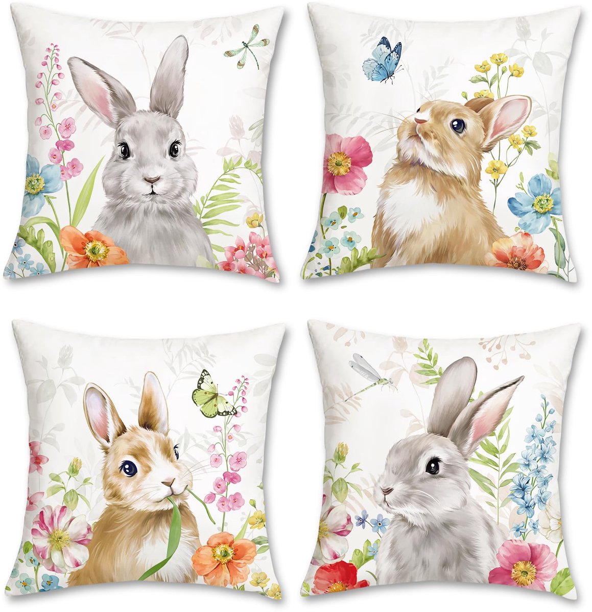 Unyqoos ® Set van 4 Decoratieve Kussenslopen met Lente Haas en Bloemenmotief voor Thuisdecoratie kleurrijk