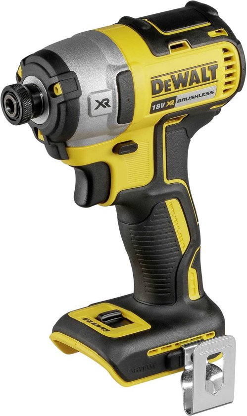 DeWALT DCF887N-XJ 18V XR Brushless slagschroevendraaier in zwart en geel, met zilverkleurig metalen voorstuk en metalen clip.