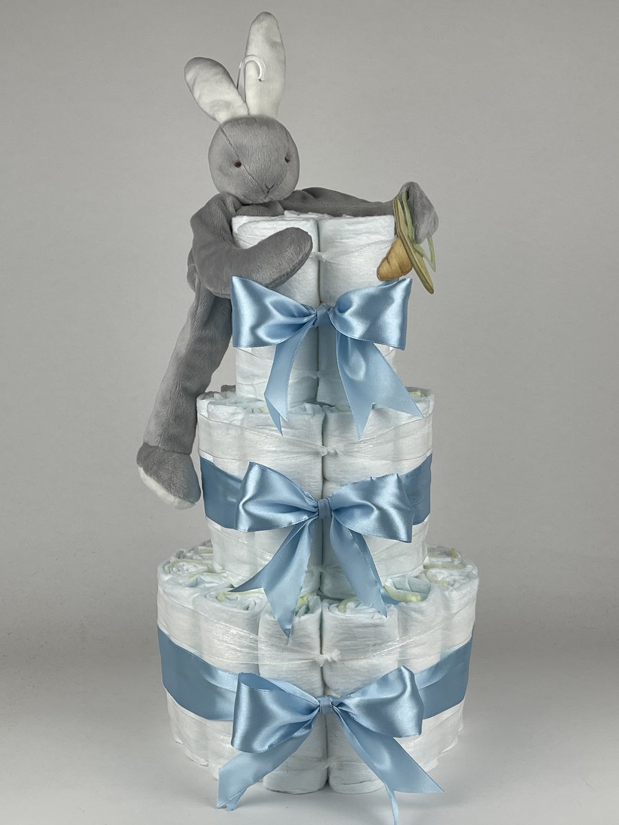 Chouette-Chouette | Luiertaart Jongen | Kraamcadeau | Geboorte Jongen | Babyshower | Bunnies By the Bay Speenknuffel Konijn Grijs - Blauw