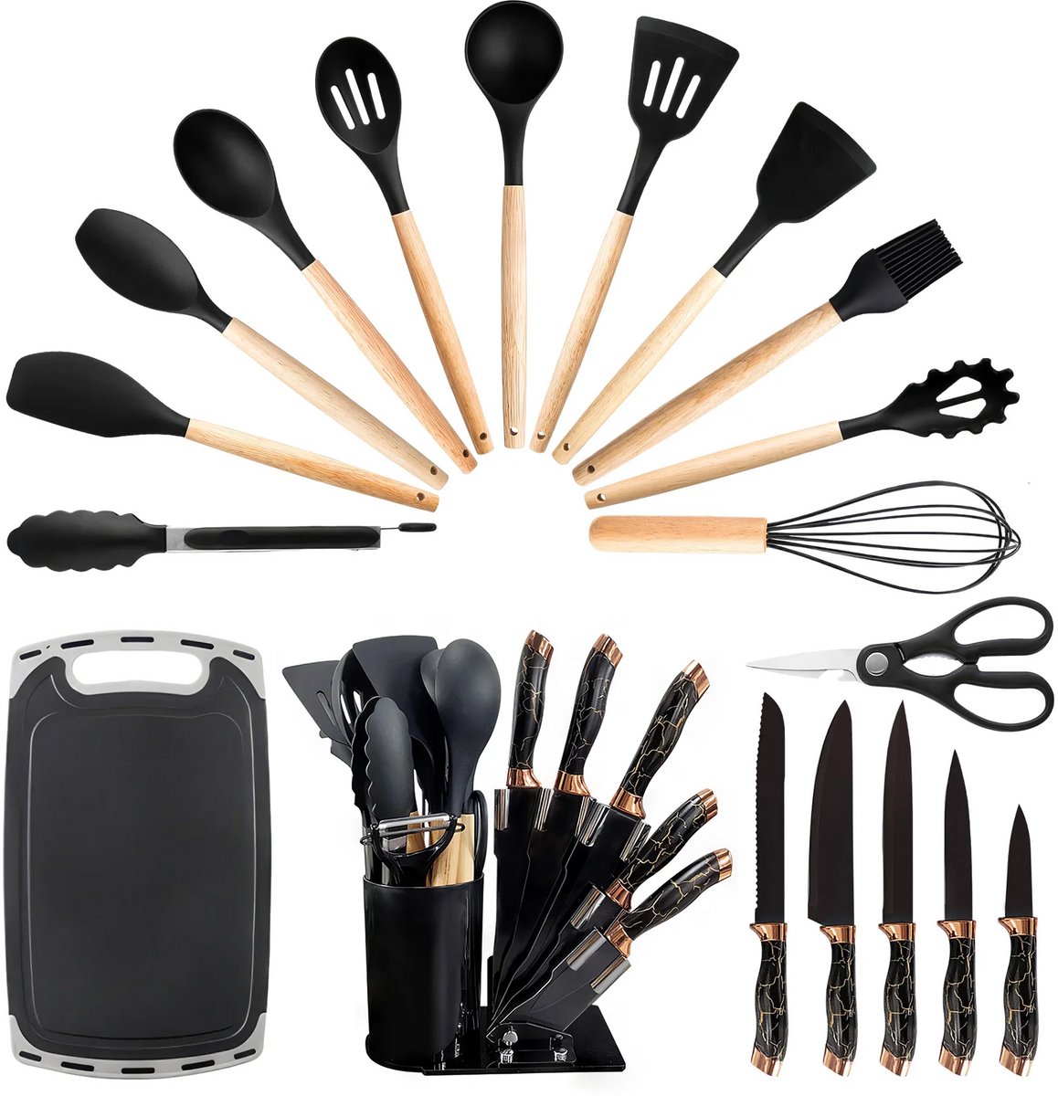 Betaalbare Goederen® Keukengerei set - zwart hout - Keukengerei Houder - Keukengerei-Sets - Keuken Gerei - Speciale benodigdheden