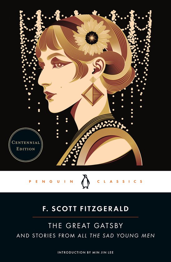 Couverture du livre 'The Great Gatsby' Centennial Edition, représentant une femme stylisée avec une fleur dans les cheveux et des colliers de perles.