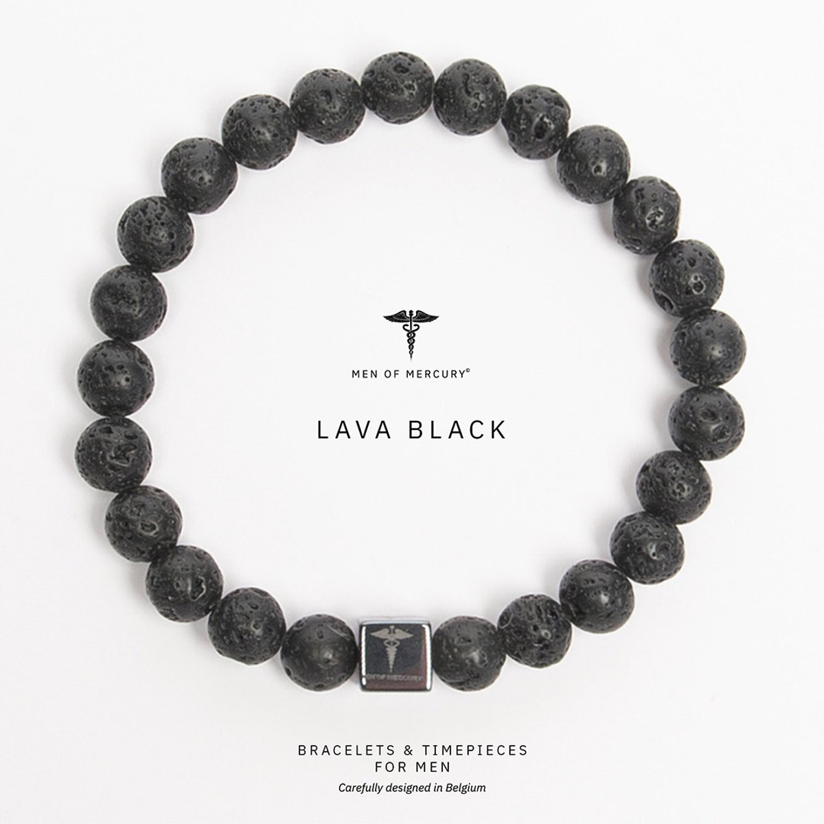 MEN OF MERCURY® Natuursteen Armband Heren - Lava Steen - Zwart - Handgemaakt - Elastisch - Aarding & Versterking - Spirituele Betekenis - 19 cm