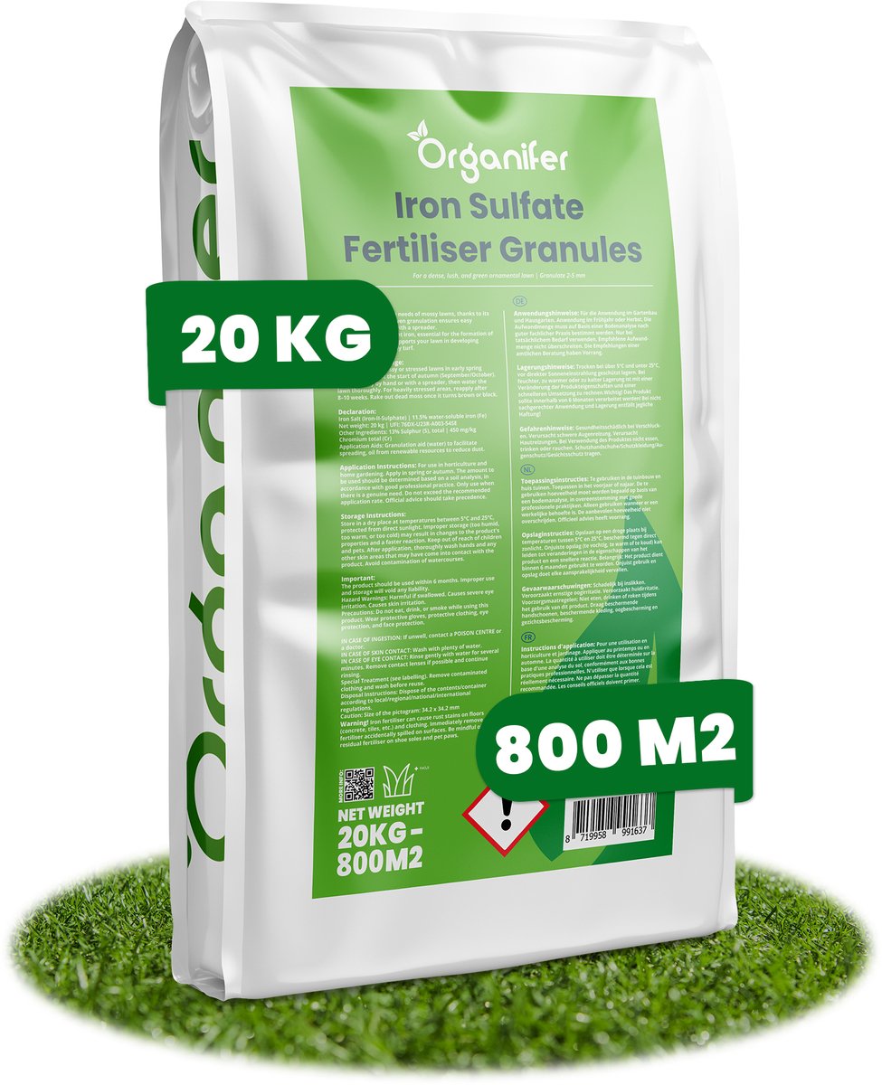 IJzersulfaat Meststof (20kg, 1000m2) - Mos Verwijderaar - IJzersulfaat Tegen Mos - Ontmosser - Meststof - IJzersulfaat Voor Gazon - Organifer