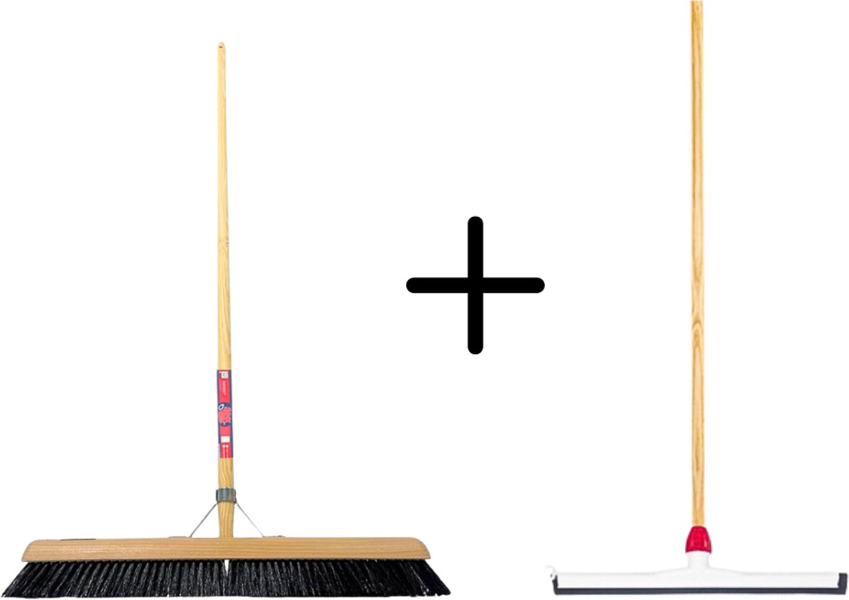 Synx Tools Paardenhaar 60cm + Vloertrekker Kunststof 45cm met Steel 120cm – Zaalveger – Vloerreiniger – Natuurrubber – Zachte binnenbezem met steel 150cm