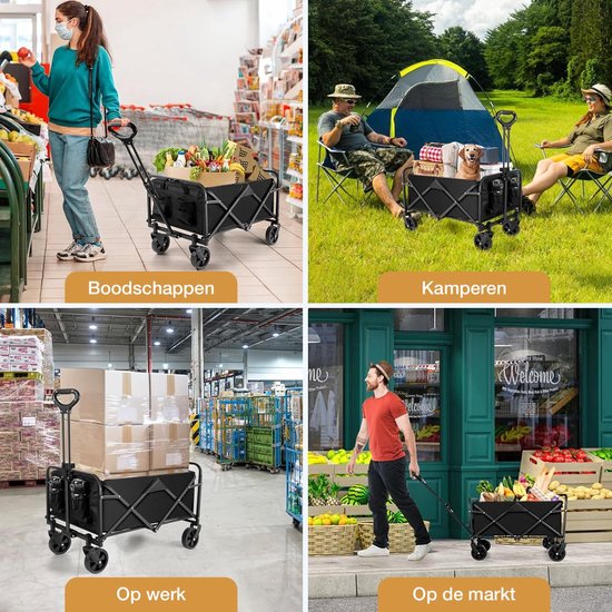 Strents® Opvouwbare Bolderkar Tot 120kg Draagvermogen - Zwart 83x47x60cm - Inhoud 120L Bolderwagen met Duwstang - Bolder Wagen Strandkar - Opvouwbare Draag Kar van Strents — afbeelding 4