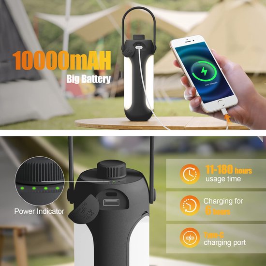 LED Camping Lamp - Kampeerlamp - Tentlamp oplaadbaar - 10000 mAh-accu - Draadloos dimbaar - Met 3 lichtstanden - Nooduitrusting voor tenten - voor binnen en buiten - Vislamp — afbeelding 3