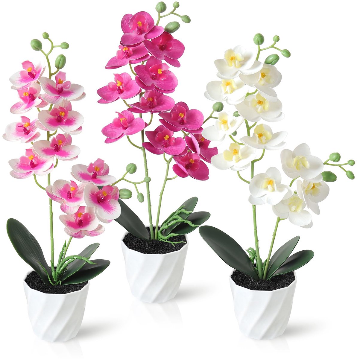 Ibenzoa® Realistisch Uiterziende Kunstbloemen Set van 3 Orchideeën in Decoratieve Pot voor Huis en Kantoor