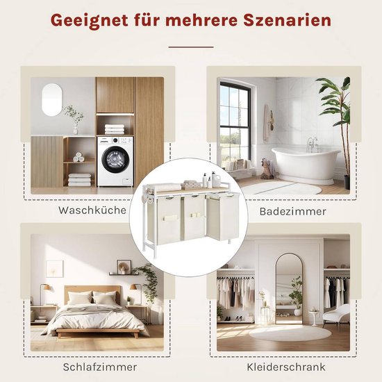 SureDeal® - Panier à linge 3 compartiments - 40 L par panier - Métal - Tissu Oxford - 96 x 71 x 30 cm - Wit - Chêne clair - Design industriel