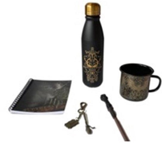 Zwarte fles, mok, notitieboek, sleutelhanger en toverstaf met gouden opdruk.