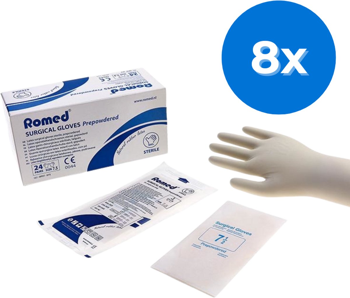 Romed latex operatiehandschoenen gepoederd steriel verpakt - Set van 8 doosjes Maat 7.0 Romed