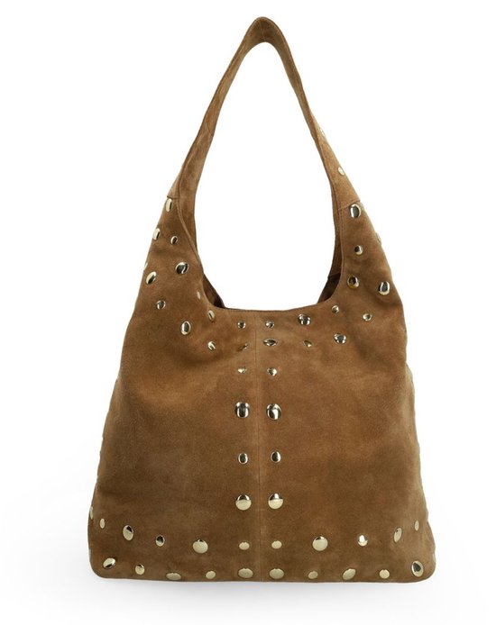 Manfield Taupe Suède Schoudertas Met Gouden Studs Met Drukknoop - Maat Onesize