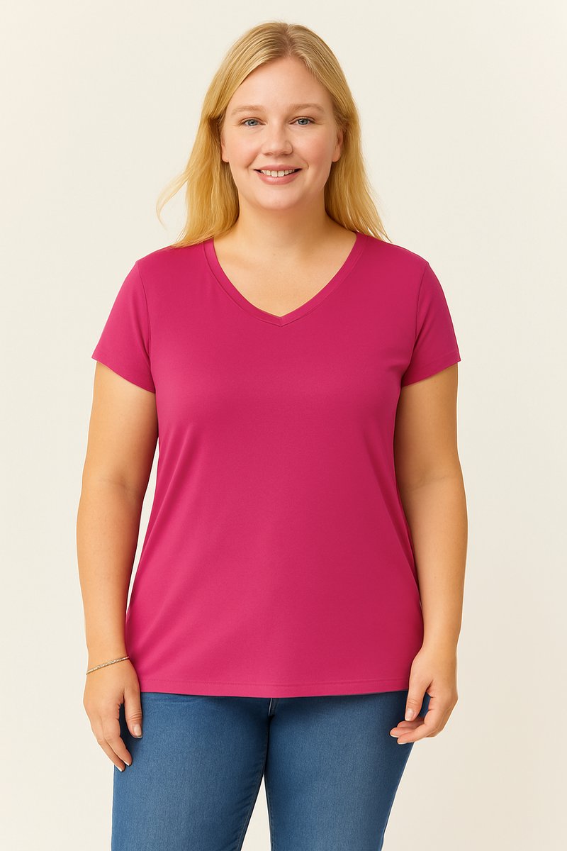Dames Grote Maaten V-Hals Basic Kortemouw T-Shirt Fuchsia Paars