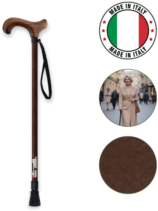 MQ Perfect Wandelstok Deluxe – Ergonomisch handvat, Verstelbaar 55 tot 94 cm, 240 gr – Bruin lederlook – Made in Italy | Ondersteuning tot 110 kg, voor elk terrein