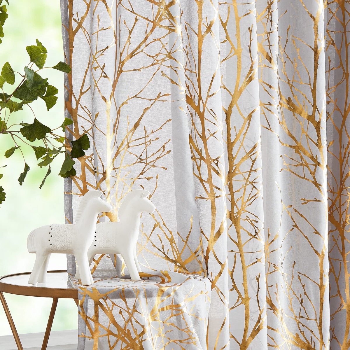 Unyqoos Stijlvolle Transparante Gordijnen met Gouden Takpatroon voor Elke Kamer, Set van 2, Lichtdoorlatend