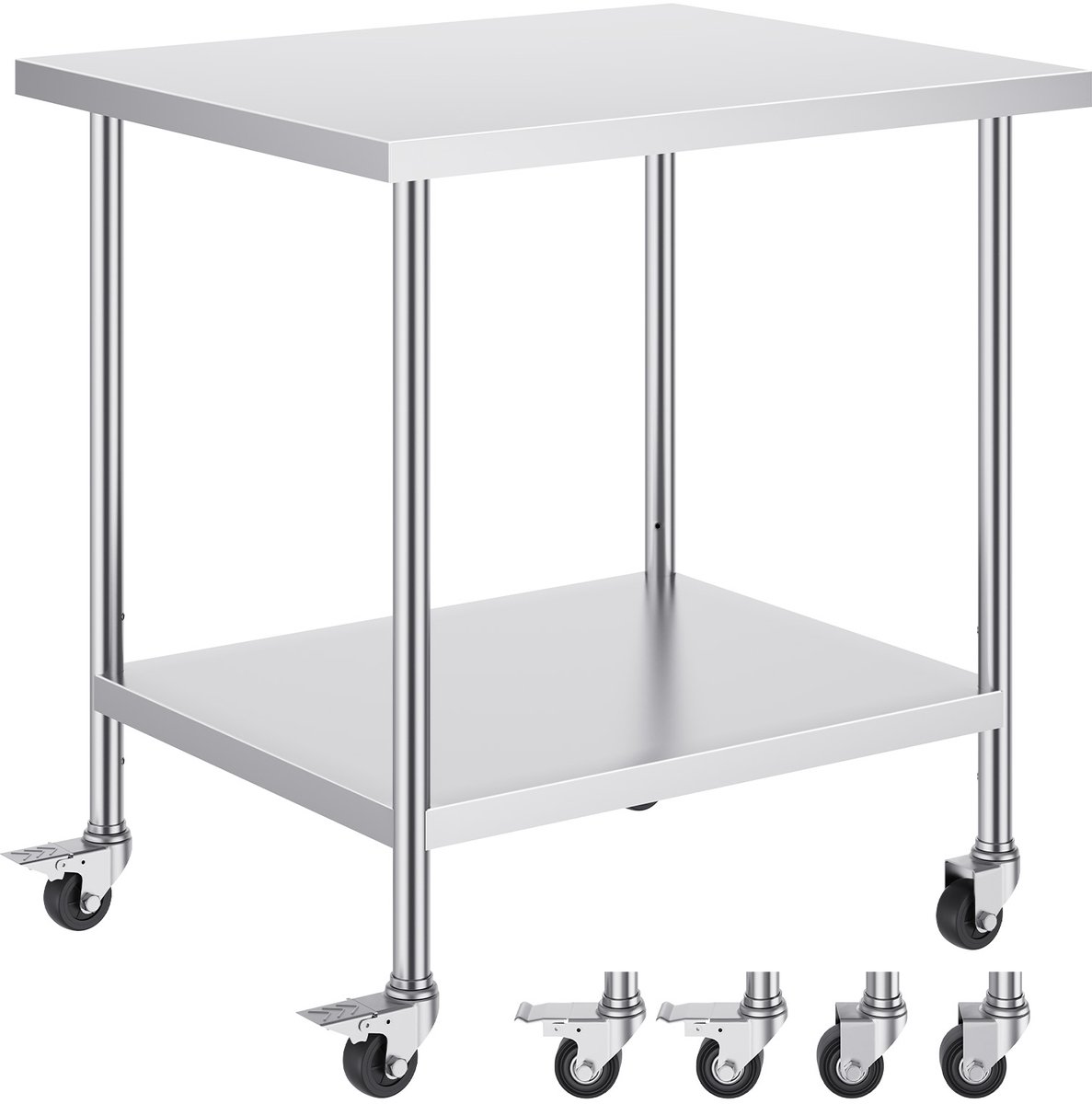 RVS Werktafel - Verrijdbare Voorbereidingstafel - 4 Wielen - 3 Verstelbare Hoogtes - Roestvrij Staal - Horeca Geschikt - Zilver