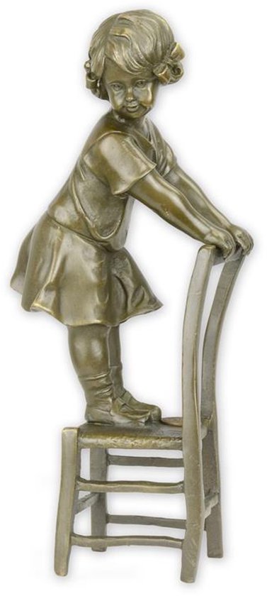 Statue en bronze - Fille sur tabouret - Statue d'enfant - 20,4 cm de hauteur
