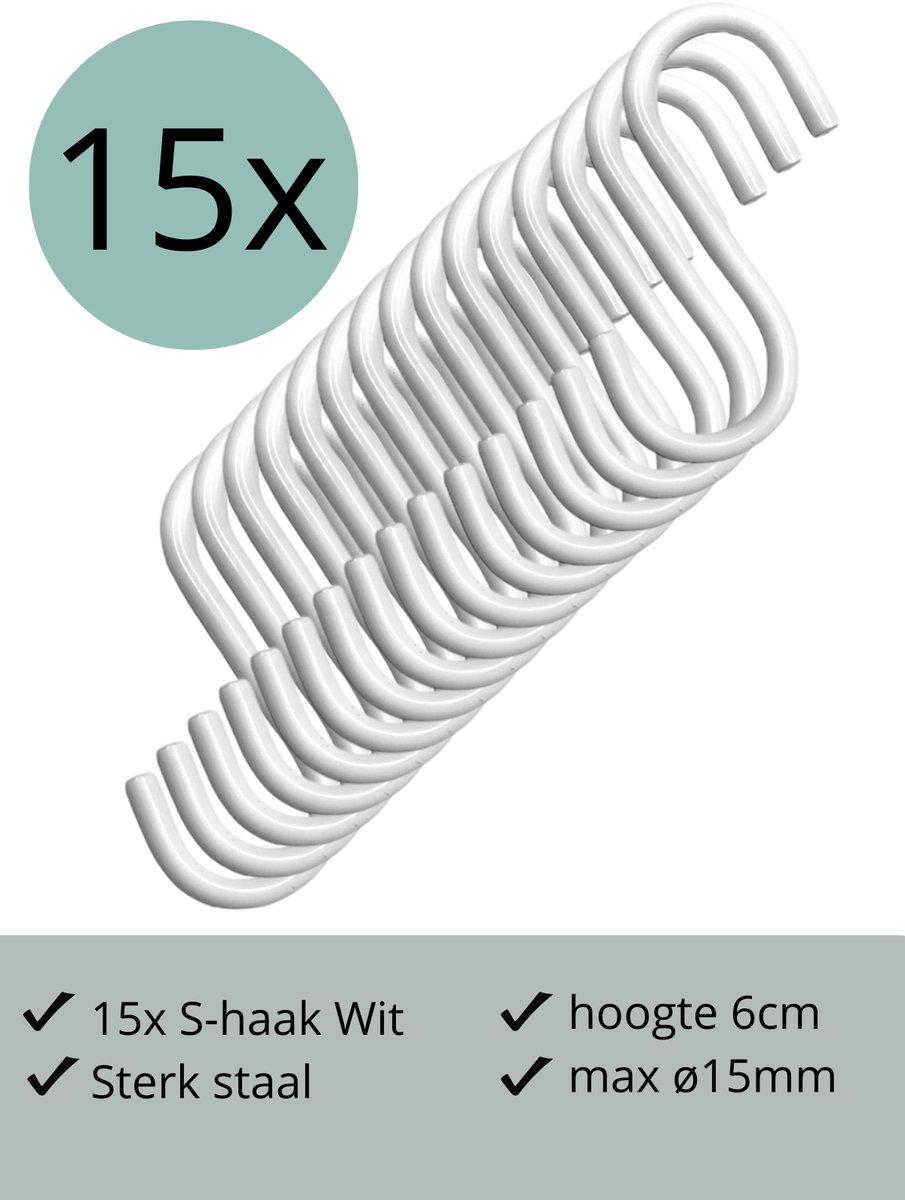 Leathergoodz - 15x S-haakjes Wit - 6cm/klein - ø15mm - ophanghaken - handdoekhaakje - S-haken