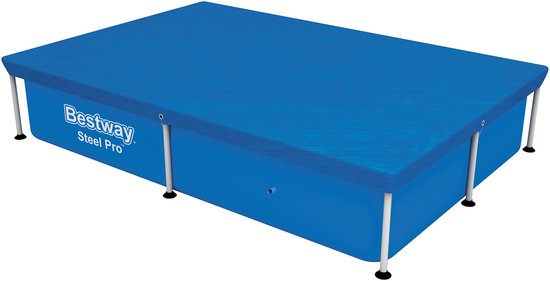 Blauw Bestway Steel Pro afdekzeil op een rechthoekig zwembad.