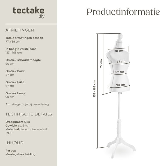 TecTake Buste de Femme Mannequin de Couture | Réglable en Hauteur