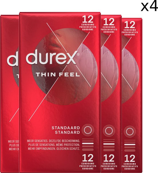 Pack avantage de quatre boîtes de préservatifs Durex Thin Feel, 12 chacun. Emballage rouge avec logo Durex.