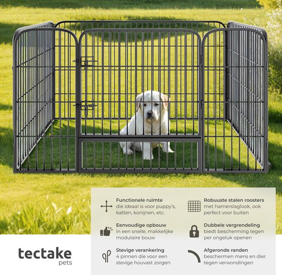 tectake® Puppyren - 70 cm Hoog, 4 Roosters - Puppybox, Buitenverblijf, Opvouwbare Dierenbox - Hondenbox met Deur - Geschikt voor Honden, Katten, Konijnen en Kleine Dieren - Zwart- 125 x 85 x 70 cm