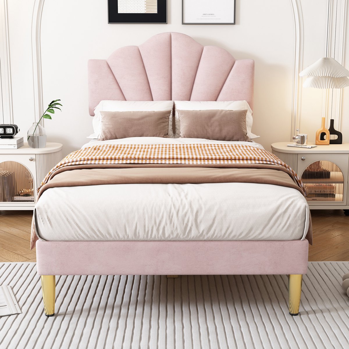 Merax Gestoffeerd bed 90 x 200 cm - Schelpachtig bed met gouden ijzeren poten - Eenpersoonsbed - Verstelbaar hoofdeinde - Roze