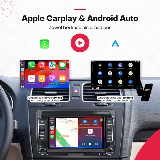 Multimedia systeem met iPhone en Android ondersteuning. Toont menu's van Apple CarPlay en Android Auto op de 7-inch scherm. Met tekst "Apple Carplay & Android Auto".