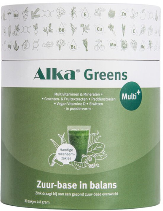 Groene cilinder met het logo Alka Greens en afbeelding van een glas groen sap.