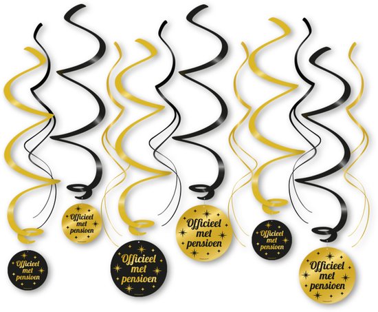 Zwart-gouden decoratieve swirl slingers met ronde hangertjes, 12 stuks.