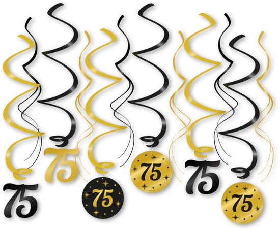 Zwart-gouden swirl decoraties met "75" in cijfers en op ronde hangers.