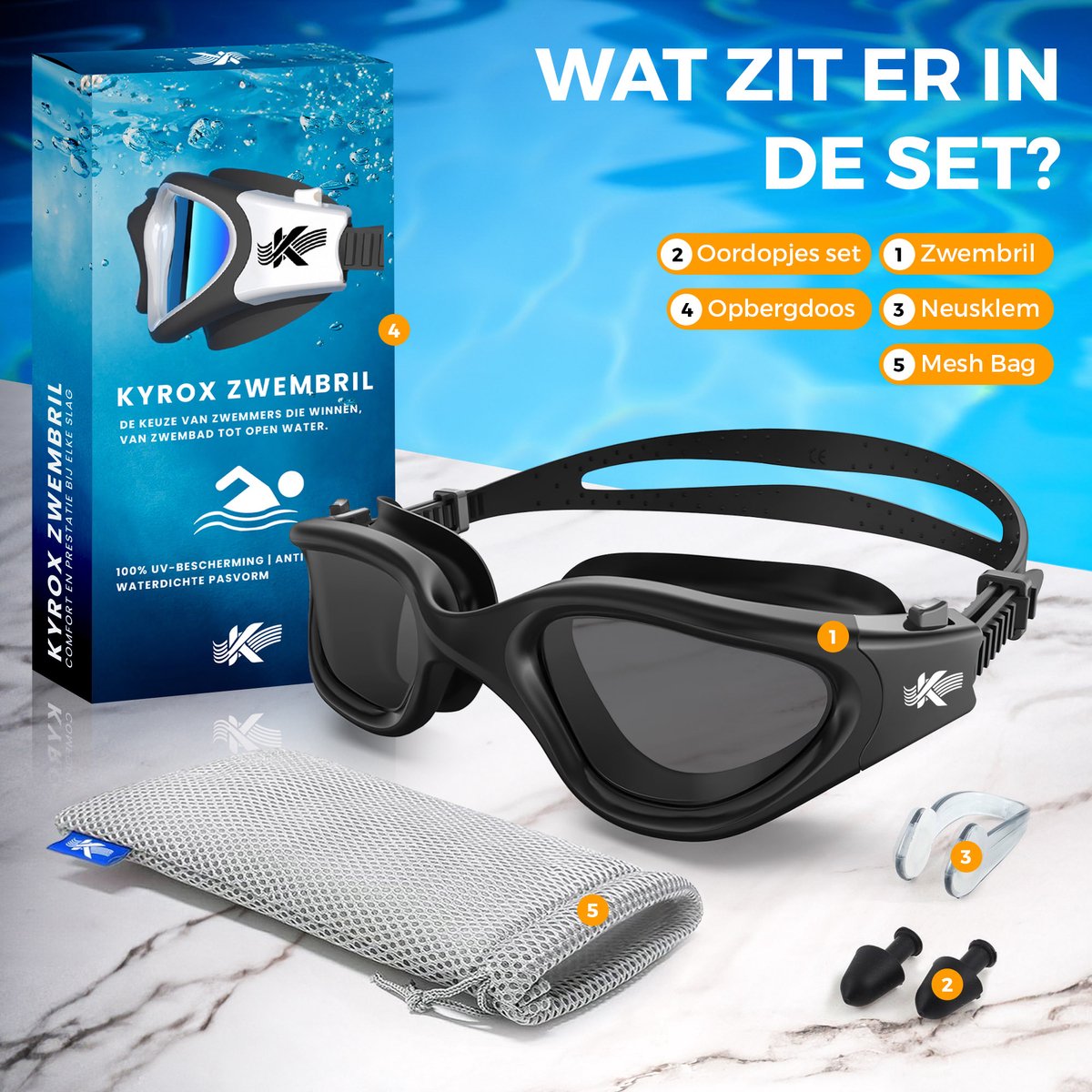 Kyrox Gepolariseerde Zwembril - Anti Condens - UV Bescherming - Inclusief Oordoppen en Neusklem - Duikbril - Verstelbare Band - Unisex - Zwembril volwassenen & kinderen - Zwart