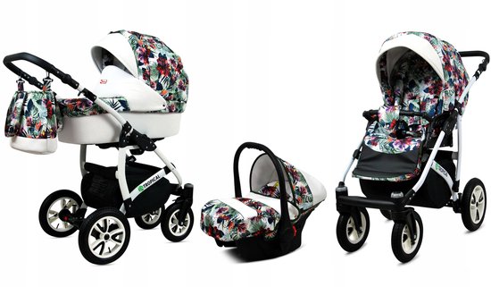 BabyLux® Kinderwagen 3in1 – TROPICAL - CHILI FLOWERS - Opklapbare Wandelwagen incl. Reiswieg, Multifunctionele Buggy Sportstoel, Autostoel - Combi-kinderwagen met Luiertas, Regenhoes, Klamboe, Bekerhouder, etc.