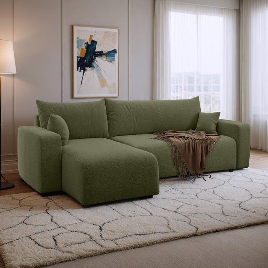 Hoekbank met opbergruimte Romee - Groen - Teddy stof - Universeel - Links of Rechts - Zetel - Slaapbank - Hoekzetel - Chaise longue - Zetel met slaapgedeelte - 3 zits