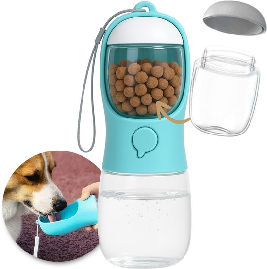 Dogs&Co® 2-in-1 Water- en Voerfles voor Honden - Blauw 300ML - drinkfles hond - waterbak hond - opvouwbare waterfles