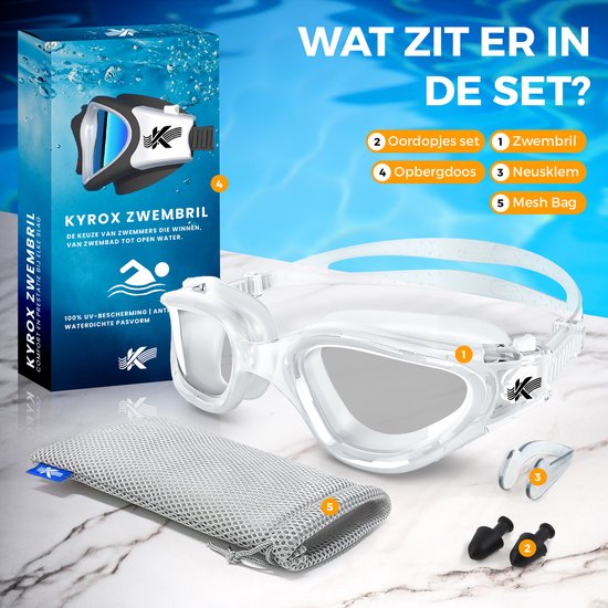 Witte zwembril met transparante band, neusklem, oordopjes en mesh tas. "Wat zit er in de set?"