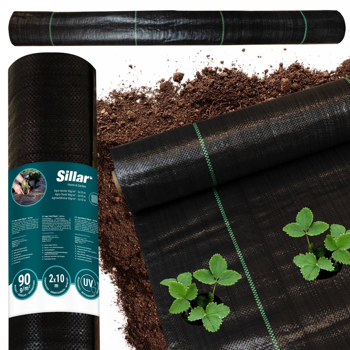 Sillar, onkruidvlies tuinvlies, tegen onkruid, agrotextiel, plantenbescherming, duurzaam, UV-bestendig, agrotextiel voor het snijden, universeel, 90 g/m2, 2m x 10m, zwart