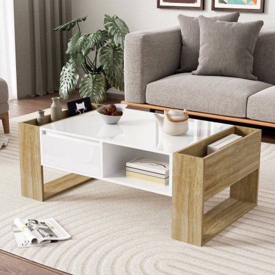 Apprendrelogic. Table basse moderne 105 x 60 x 40 cm - partiellement brillante, avec tiroirs et compartiments ouverts