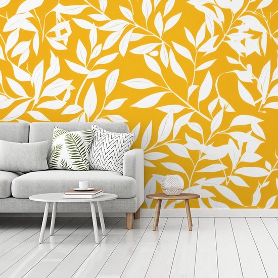 Behang - Fotobehang Bladeren - Takken - Geel - Breedte 350 cm x hoogte 260 cm