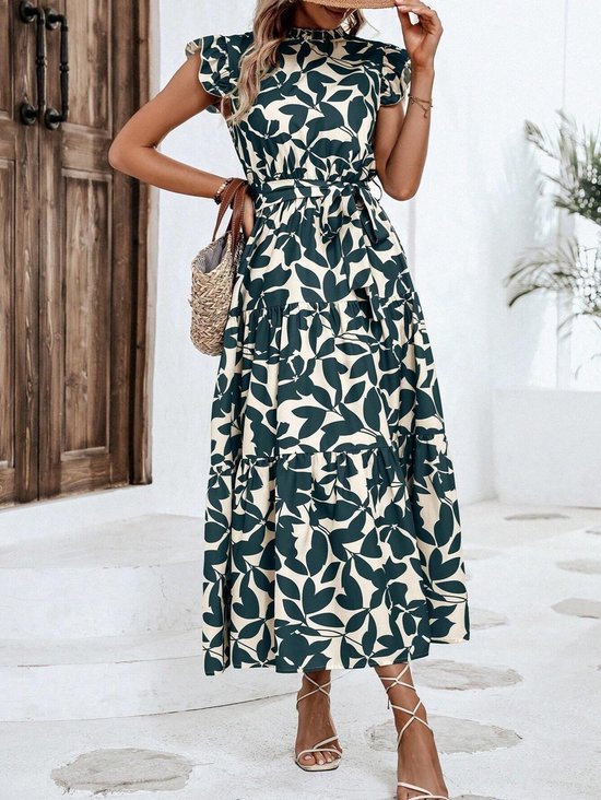 Dames casual bloemenprint, riem, hoge taille, A-lijn gelaagde jurk met ruches, lange maxi-jurk met kapmouwen