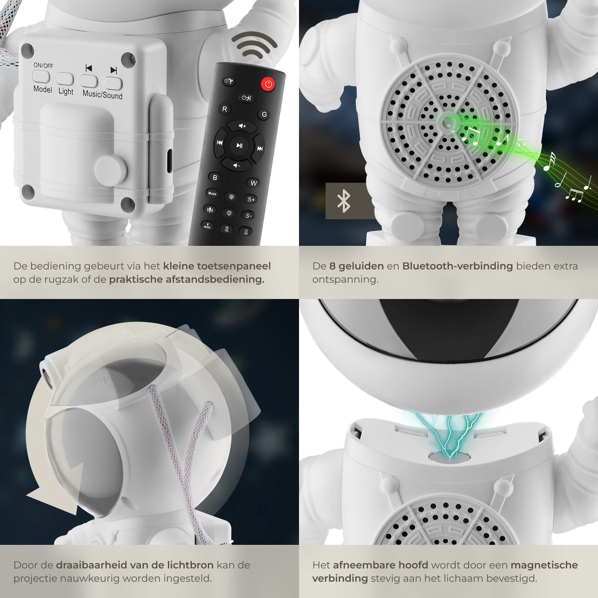 tectake® LED Sterrenhemel Projector - Astronaut Nachtlampje - Kinderlamp - Sterrenlamp voor Kinderen - Galaxy Projector met Timer - Inclusief Bluetooth en Muziekfunctie - 360° Draaibare Lamp met Sterren, Maan en Nevel – foto 6