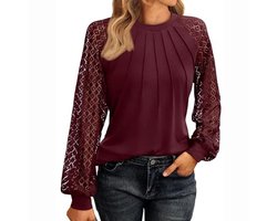 Trendy Dames Shirt - Doorschijnend - Lange Mouwen - Zomer - Bordeaux Rood - T-shirt