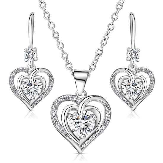 Set collier et Boucles d'oreilles Juwelium Heart in Heart, réglable de 41 à 46 cm, avec cristaux de zircone blanc nacré dans un coffret à bijoux de Luxe orné de roses – Cadeau Perfect pour femme, petite amie, mère ou fille