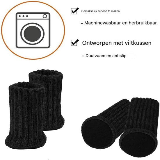 Zwarte gebreide stoelpootbeschermers, wasbaar en herbruikbaar, ontworpen met vilten kussens.